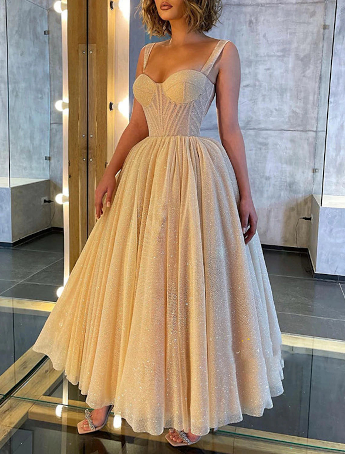Vestido de fiesta de baile, vestido de corsé, vestido de fiesta de boda, cumpleaños, largo hasta el tobillo, sin mangas, tirantes finos, tul con lentejuelas brillantes